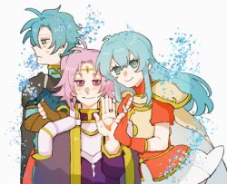 Rule 34 | 1girl, 2boys, antenna hair, armor, aura, black cape, blue eyes, blue hair, blush, breastplate, brother and sister, brown gloves, cape, circlet, cloak, closed mouth, cowboy shot, crossed arms, curtained hair, double-parted bangs, eirika (emblem) (fire emblem), eirika (fire emblem), ephraim (emblem) (fire emblem), ephraim (fire emblem), fingerless gloves, fire emblem, fire emblem: the sacred stones, fire emblem engage, frown, gloves, gold circlet, gold ring, gold trim, hair between eyes, half-closed eyes, high collar, holding hands, implied hetero, long hair, long sleeves, looking at viewer, looking to the side, miniskirt, multiple boys, neeeeeeega 2025, nintendo, parted bangs, pauldrons, purple cloak, purple eyes, purple hair, purple robe, red cape, red gloves, red shirt, robe, shirt, short hair, short sleeves, shoulder armor, siblings, sidelocks, skirt, sweat, sweatdrop, turtleneck, turtleneck shirt, twins, two-sided cape, two-sided fabric, white armor, white background, white skirt, yellow armor, yellow cape