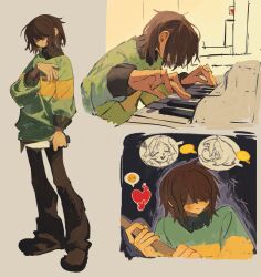 1other brown_hair brown_pants brown_shoes colored_skin deltarune expressionless full_body green_shirt hair_over_eyes highres holding holding_knife instrument knife kris_(deltarune) music noelle_holiday orange_skin other_focus pants piano playing_instrument playing_piano shirt shoes short_hair speech_bubble standing susie_(deltarune) sweat two-tone_shirt zzzqlm
