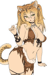 Rule 34 | 1girl, animal ear fluff, animal ears, animal print, bikini, black choker, black panties, blonde hair, bone, bone hair ornament, bracelet, breasts, brown bikini, cavewoman, choker, contrapposto, cowboy shot, fingernails, flat color, fur-trimmed bikini, fur trim, furrowed brow, gradient hair, hair ornament, hand up, highres, houtengeki, jewelry, loincloth, long fingernails, long hair, looking to the side, medium breasts, multicolored hair, navel, necklace, open mouth, original, panties, panty peek, pelt, print loincloth, short eyebrows, sidelocks, sideways glance, simple background, skindentation, solo, striped hair, swimsuit, tail, tiger ears, tiger girl, tiger girl (houtengeki), tiger print, tiger stripes, tiger tail, tooth necklace, tribal, twintails, underwear, v, white background, wristband, yellow eyes