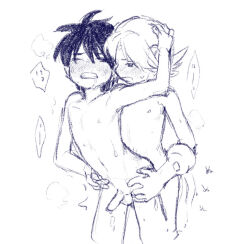 2boys anal blush brother capcom closed_eyes completely_nude erection gloves groin incest kanarikoime lan_hikari_(mega_man) looking_at_another male male_focus mega_man_(series) mega_man_battle_network megaman.exe monochrome multiple_boys navel nipples nude penis sex shota shota_on_shota siblings simple_background sketch sweat testicles traditional_media twincest twins white_background yaoi