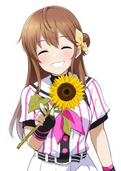 1girl ^_^ arihara_tsubasa barkhorn0331 baseball_uniform belt belt_buckle black_belt black_gloves black_undershirt bow brown_hair buckle cinderella_series closed_eyes cowboy_shot fingerless_gloves flower gloves grin hachigatsu_no_cinderella_nine hair_between_eyes hair_bow hair_bun highres holding holding_flower long_hair looking_at_viewer neckerchief pink_neckerchief pleated_skirt sailor_collar satogahama_baseball_uniform shirt shirt_under_shirt short_sleeves sidelocks simple_background single_side_bun skirt smile solo sportswear standing striped_belt striped_clothes striped_shirt sunflower teeth vertical-striped_clothes vertical-striped_shirt white_background white_sailor_collar wristband yellow_bow