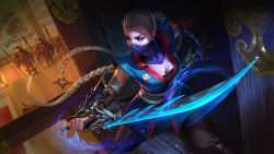 1girl airi_(arena_of_valor) arena_of_valor blonde_hair braid breasts brown_eyes cleavage faceless faceless_male female_focus helmet kobayashi_kana long_hair mask ninja official_art polearm single_braid solo solo_focus spear sword tattoo weapon
