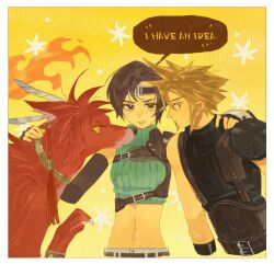 1boy 1girl animal arm_armor armor audreychen belt black_eyes black_hair black_sweater blonde_hair blue_eyes bob_cut brown_belt brown_gloves cloud_strife colored_sclera commentary cropped_sweater cropped_torso earrings elbow_gloves english_text expressionless feather_hair_ornament feathers final_fantasy final_fantasy_vii final_fantasy_vii_rebirth final_fantasy_vii_remake fingerless_gloves fire gloves green_sweater hair_ornament hand_on_another&#039;s_neck hashtag-only_commentary jewelry looking_at_another looking_at_viewer midriff multiple_belts pauldrons paw_up red_fur red_xiii serious shoulder_armor single_elbow_glove single_pauldron sleeveless sleeveless_turtleneck smile speech_bubble stud_earrings suspenders sweater turtleneck turtleneck_sweater yellow_background yellow_sclera yuffie_kisaragi