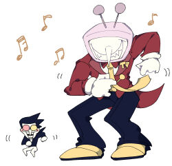 2boys ant_tenna crt dancing deltarune heterochromatic_eyewear highres long_nose multiple_boys musical_note necktie nikorashi-ka object_head pointy_nose round_eyewear shoes spamton_g._spamton tailcoat tinted_eyewear yellow_necktie yellow_shoes