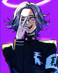 1boy aotsuki_eito armband crazy_eyes crazy_smile eyelashes glasses gloves hand_up highres last_defense_academy_school_uniform long_sleeves looking_at_viewer male_focus open_mouth pink_eyes portrait purple_background smile solo solo_focus teeth the_hundred_line_-last_defense_academy- upper_body upper_teeth_only white_gloves white_hair