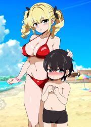 Rule 34 | 1boy, 1girl, age difference, beach, bikini, black hair, black male swimwear, blonde hair, blue eyes, blue sky, blush, bracelet, breasts, brother and sister, cleavage, cloud, commentary request, day, drill hair, feet out of frame, highres, horizon, jewelry, kinako mochi (pixiv100419090), large breasts, long hair, male swimwear, nose blush, ocean, onee-shota, original, outdoors, red bikini, short hair, siblings, sky, standing, swim trunks, swimsuit, twintails