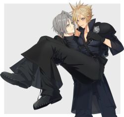 2boys armor black_boots black_coat black_gloves black_pants black_sweater black_vest blonde_hair blush boots bright_pupils carrying cloud_strife coat commentary dutch_angle embarrassed final_fantasy final_fantasy_vii final_fantasy_vii_advent_children final_fantasy_vii_ever_crisis furrowed_brow gloves green_eyes grey_background grey_hair hand_up highres looking_at_another lyell_ff14 male_focus multiple_boys open_mouth pants pauldrons princess_carry sephiroth sephiroth_(ever_crisis) short_hair shoulder_armor simple_background single_pauldron smile spiked_hair sweater time_paradox turtleneck turtleneck_sweater vest waist_cape yaoi