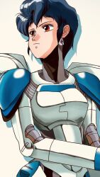 1990s_(style) 1girl armor blue_hair brown_eyes bubblegum_crisis cyberpunk drop_shadow hardsuit highres joints liqueur_(retroot1) marker_(medium) power_armor retro_artstyle robot_joints short_hair simple_background sylia_stingray traditional_media upper_body white_background