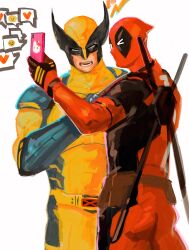 Rule 34 | 2boys, black gloves, bodysuit, cellphone, deadpool, deadpool &amp; wolverine, deadpool (series), gloves, hamu popopo, hello kitty, highres, holding, holding phone, male focus, marvel, marvel cinematic universe, multiple boys, muscular, muscular male, one eye closed, open mouth, phone, red bodysuit, red mask, sanrio, smartphone, spoken expression, superhero costume, teeth, two-tone bodysuit, wolverine (x-men), x-men, yellow bodysuit