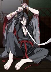 Rule 34 | 1boy, absurdres, aninsigsi, arms up, barefoot, bdsm, bishounen, black eyes, black hair, black hanfu, blood, blood on face, bound, bound wrists, chain, chinese clothes, coat, collar, collarbone, cuffs, feet, full body, grey coat, grey eyes, hair between eyes, hair down, half updo, handcuffs, hanfu, highres, indoors, knee up, korean commentary, leash, long hair, long sleeves, looking at viewer, male focus, modao zushi, official alternate costume, official alternate hairstyle, ofuda, on floor, open clothes, open coat, parted lips, pectoral cleavage, pectorals, red eyes, red sash, restrained, robe, sash, shackles, sitting, smile, solo, spread legs, talisman, toes, torn clothes, twitter username, watermark, wei wuxian, wei wuxian (yiling laozu), wide sleeves, wooden floor