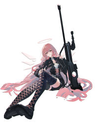 Rule 34 | 1girl, anti-materiel rifle, arknights, belt, black jacket, black shorts, black thighhighs, boots, breasts, choker, cleavage, closed mouth, cross-laced clothes, detached wings, energy wings, full body, gun, halo, highres, holding, holding gun, holding weapon, jacket, kumo ryuun, lace-up boots, lemuen (arknights), long hair, long sleeves, looking at viewer, medium breasts, open clothes, open jacket, pink eyes, pink hair, rifle, shirt, shorts, simple background, sitting, smile, sniper rifle, solo, thigh boots, thighhighs, very long hair, weapon, white background, wings