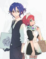 1boy 1girl alternate_costume amate_yuzuriha apron black_gloves black_necktie black_vest blue_hair closed_mouth collared_shirt enmaided gloves gundam gundam_gquuuuuux headphones headphones_around_neck highres holding maid maid_headdress multicolored_hair necktie pants pencil_behind_ear purple_hair red_hair shirt short_hair short_sleeves shuji_ito vest white_apron white_shirt yoursansface zoom_layer