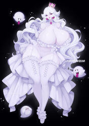 1girl black_background blush boo_(mario) breasts colored_skin crown curvy earrings elbow_gloves female_focus full_body gigantic_breasts gloves highres jewelry long_hair luigi&#039;s_mansion mario_(series) new_super_mario_bros._u_deluxe nintendo parted_lips princess_king_boo red_eyes solo thick_thighs thighhighs thighs tongue tongue_out tundromaiden very_long_hair white_hair white_skin wide_hips