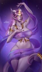 1girl absurdres amori_sama artist_name blush breasts collarbone colored_sclera draenei dragon_horns highres horns large_areolae large_breasts lightforged_draenei long_hair looking_at_viewer navel nipples pink_hair pointy_ears purple_ribbon pussy ribbon see-through_clothes see-through_ribbon signature solo tail tail_ornament tail_ring twitter_username warcraft watermark web_address yellow_eyes yellow_sclera