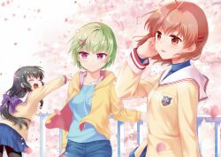 Rule 34 | 3girls, :d, ^ ^, absurdres, antenna hair, arm at side, arm up, black pantyhose, blue shirt, blue skirt, blurry, blush, bow, brown eyes, brown hair, casual, cherry blossoms, clannad, closed eyes, closed mouth, collarbone, commentary request, company connection, cowboy shot, crocodile hair ornament, crossover, day, denim, denim shorts, depth of field, eyelashes, falling petals, fence, fingernails, floating hair, furukawa nagisa, green hair, hair between eyes, hair bow, hand in own hair, happy, highres, hood, hood down, hooded jacket, ibuki fuuko, jacket, key (company), long hair, long sleeves, looking afar, looking to the side, low-tied long hair, medium hair, miniskirt, misaki juri, multiple girls, nomura miki, open clothes, open jacket, open mouth, outdoors, outstretched arm, pantyhose, petals, pink eyes, pleated skirt, purple bow, sailor collar, school uniform, shirt, short hair, shorts, simple background, skirt, smile, summer pockets, upper body, white background, white sailor collar, wind, yellow jacket