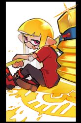 1girl bandaid bandaid_on_cheek bandaid_on_face black_boots black_border blonde_hair boots border closed_mouth commentary_request gauze_on_arm highres holding holding_weapon inari1369 inkling inkling_girl inkling_player_character long_hair multicolored_boots nintendo pants pink_eyes pointy_ears purple_pants red_boots red_shirt shirt short_sleeves sitting solo splatoon_(series) splatoon_3 t-shirt tentacle_hair two-tone_boots ultra_stamp_(splatoon) weapon white_background