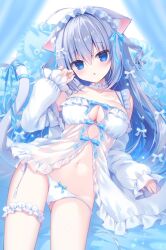 Rule 34 | 1girl, ahoge, animal ear fluff, animal ears, blue bow, blue hair, blush, bow, bra, breasts, cat ears, cat girl, cat tail, choker, cleavage, cleavage cutout, clothing cutout, frills, grey hair, hair between eyes, hair bow, hair ornament, hair ribbon, hasune, headdress, highres, jacket, lingerie, long hair, long sleeves, looking at viewer, medium breasts, navel, negligee, open clothes, open jacket, open mouth, original, panties, parted lips, ribbon, see-through clothes, solo, stomach, tail, underwear, white bra, white negligee, white panties