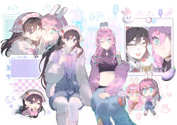 2girls aubrey_(birthday)_(omori) aubrey_(faraway)_(omori) aubrey_(omori) black_eyes black_hair blue_eyes blush braid bright_pupils charm_(object) chibi chinese_commentary closed_eyes closed_mouth commentary_request cupcake czorimu food forest_bunny?_(omori) forest_bunny_(omori) hair_ornament hairclip headphones headscarf highres jacket long_hair looking_at_viewer low_twin_braids mari_(birthday)_(omori) mari_(faraway)_(omori) mari_(omori) multiple_girls official_alternate_costume official_alternate_hairstyle omori open_mouth pink_hair pink_jacket sitting smile something_(omori) teeth thighhighs twin_braids upper_teeth_only white_headscarf white_jacket white_pupils white_thighhighs