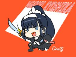 1girl black_hair black_shirt black_shoes black_skirt blue_eyes character_name chibi chibi_only female_focus holding holding_sword holding_weapon holy_jumonji_sword last_defense_academy_school_uniform long_hair magadori_kyoshika open_mouth orange_background shirt shoes skirt solo solo_focus sword the_hundred_line_-last_defense_academy- tongue weapon white_background