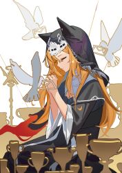 1girl absurdres animal_ears archetto_(arknights) archetto_(glory_of_the_devout)_(arknights) arknights bird black_dress black_veil chalice closed_eyes closed_mouth collar cup dress ears_under_headwear highres light_smile long_hair long_sleeves nun orange_hair own_hands_together praying solo veil white_collar whitebuckleqwq wide_sleeves