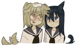 2girls :&lt; animal_ears black_hair blonde_hair blue_eyes cat_ears cat_girl cat_tail commentary cropped_torso dog_ears dog_girl dog_tail english_commentary food food_on_head fried_egg jitome long_hair looking_at_another multiple_girls object_on_head orange_eyes school_uniform serafuku shimeji_simulation shimejiheaded smile tail tail_wagging tongue tongue_out tsukishima_shijima yamashita_majime