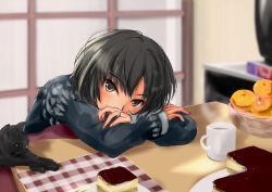 1girl amagami architecture basket black_cat black_hair blue_sweater blurry blurry_background blush brown_eyes cat coffee coffee_mug commentary crossed_arms cup dessert east_asian_architecture food fruit hair_between_eyes hair_strand head_down head_on_arm jewelry kotatsu long_sleeves looking_at_viewer looking_up mandarin_orange messy_hair mug murasaki_iro nanasaki_ai placemat plate puu_(amagami) ring short_hair shouji sliding_doors solo steam sweater table television tiramisu wedding_ring