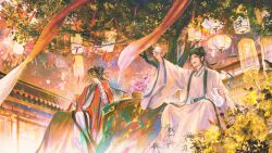 1815983628 2boys absurdres architecture arm_up bamboo_print bandaged_arm bandages basket black_eyes black_hair black_hat chinese_clothes chinese_commentary chrysanthemum closed_mouth coat coin coin_mask covered_mouth cup dao_gui_yi_xian east_asian_architecture fireworks flower food fruit grey_hanfu hair_bun hair_ribbon half_updo hand_on_own_cheek hand_on_own_face hand_up hanfu hat hat_ribbon head_rest highres holding holding_cup holding_food holding_teapot holed_coin implied_yaoi jin_(headwear) lantern leaf li_huowang long_hair long_sleeves looking_up male_focus mask mid-autumn_festival mooncake mouth_veil multiple_boys night open_clothes open_coat open_mouth outdoors paper_lantern plate red_coat red_ribbon red_shawl ribbon robe shawl single_hair_bun sitting sky smile tassel teapot tree updo veil watercolor_effect white_coat white_hanfu wide_sleeves wind yellow_flower zhouzi_jin_(headwear) zhuge_yuan