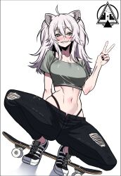 1girl alternate_costume animal_ear_piercing animal_ears arm_behind_back artist_logo black_bra black_eyeshadow black_nails black_panties black_pants black_shoes blush bra breasts collarbone cropped_shirt dizzle eyebrows eyelashes eyeshadow female_focus fingernails full_body grey_eyes grey_hair grey_shirt grin half-closed_eyes hand_up highleg highleg_panties highres hololive holox large_breasts lion_ears lion_girl logo long_fingernails long_hair looking_at_viewer makeup matching_hair/eyes midriff multicolored_shoes nail_polish navel no_socks panties pants piercing sharp_teeth shirt shishiro_botan shoes simple_background skate smile smug sneakers solo spread_legs squatting t-shirt teeth tiptoes torn_clothes torn_pants two-tone_shoes underwear v virtual_youtuber white_background white_shoes wide_spread_legs