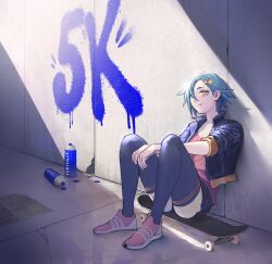 1girl absurdres against_wall arms_on_knees artist_name asymmetrical_bangs black_jacket black_shorts black_thighhighs blue_hair breasts cleavage collared_jacket commentary concrete cropped_jacket curled_fingers dark day english_commentary english_text eyebrows_hidden_by_hair fish_hair_ornament full_body graffiti hair_between_eyes hair_ornament half-closed_eyes head_tilt highres jacket knees_up leaning_back light_rays long_eyelashes looking_at_viewer looking_to_the_side milestone_celebration notice_lines open_clothes open_jacket original outstretched_arms parted_bangs pavement pink_shirt pink_shoes pun shadow shirt shirt_tucked_in shoes short_hair short_shorts shorts sidelocks sitting sitting_on_object skateboard sleeves_rolled_up small_breasts smile sneakers solo spiked_hair spotlight spray_paint sunlight thick_eyelashes thighhighs thighs vertigris yellow_trim