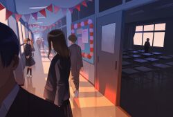 4girls 5boys absurdres arms_behind_back black_hair black_jacket black_socks blazer brown_sweater_vest bulletin_board classroom commentary_request dark_room desk highres jacket kneehighs mada_owaranaide_bunkasai medium_hair medium_skirt multiple_boys multiple_girls nakano_kaworu pleated_skirt school_desk school_uniform shoes short_hair skirt socks sweater_vest white_shoes