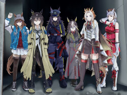 6+girls absurdres ahoge animal_ears arms_behind_back ascot asymmetrical_footwear beanie belt black_ascot black_belt black_boots black_coat black_gloves black_hair black_hat black_pants black_shoes black_thighhighs blonde_hair blue_eyes blue_jacket blunt_bangs boots bow bowtie breasts brown_eyes brown_hair buttons coat commentary double-breasted dream_journey_(umamusume) dress ear_covers ears_through_headwear eyewear_strap fenomeno_(umamusume) flipped_hair full_body glasses gloves goggles goggles_around_neck gold_ship_(umamusume) gradient_hair grey_hair grey_hat hair_between_eyes hair_intakes hands_in_pockets hat highres horse_ears horse_girl horseshoe_hat_ornament horseshoe_ornament horseshoe_print jacket lace lace-up_boots lace_sleeves large_breasts long_hair long_sleeves looking_at_viewer mismatched_footwear multicolored_hair multiple_girls nakayama_festa_(umamusume) orange_hair orfevre_(umamusume) pants pantyhose peaked_cap pillbox_hat platform_boots pleated_skirt ponytail purple_eyes purple_hair raglan_sleeves red_bow red_bowtie red_dress red_sweater_vest shoes single_ear_cover skirt sleeveless sleeveless_dress standing stay_gold_(umamusume) stay_gold_clan_(umamusume) streaked_hair striped_hat sweater_vest thigh_boots thighhighs tor1goe torn_clothes torn_coat two-tone_hair umamusume white_boots white_gloves white_hair white_jacket white_pantyhose white_skirt yellow_coat