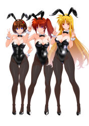3girls absurdres animal_ears black_bow black_bowtie black_leotard black_pantyhose blonde_hair blue_eyes bow bowtie breasts brown_hair cleavage collarbone covered_navel detached_collar double_v engo_(aquawatery) fate_testarossa full_body groin hair_ornament hairclip hand_on_own_hip highres large_breasts legs leotard long_hair lyrical_nanoha mahou_shoujo_lyrical_nanoha mahou_shoujo_lyrical_nanoha_strikers matching_outfits multiple_girls pantyhose playboy_bunny purple_eyes rabbit_ears red_eyes short_hair side_ponytail simple_background solo strapless strapless_leotard takamachi_nanoha thigh_gap thighs v very_long_hair w_arms white_background wrist_cuffs x_hair_ornament yagami_hayate