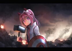 Rule 34 | 1girl, animal ears, bow, captain america&#039;s shield, closed mouth, commentary, ear bow, ear covers, english commentary, fingerless gloves, gloves, hairband, hammer, haru urara (umamusume), highres, holding, holding hammer, holding shield, horse ears, horse girl, jacket, long hair, long sleeves, marvel, moko39 takasora, open clothes, open jacket, pink eyes, pink hair, red gloves, red hairband, shield, solo, umamusume, upper body, v-shaped eyebrows, white bow, white jacket