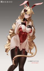 1girl absurdres animal_ears aqua_eyes artist_name bare_shoulders between_breasts black_gloves black_thighhighs blonde_hair blush bow breasts cat_ears cat_girl cat_tail closed_mouth commentary covered_navel detached_collar drill_hair english_commentary feet_out_of_frame garter_straps gloves grey_background hair_bow highres large_breasts leotard long_hair looking_at_viewer louu_heroo necktie necktie_between_breasts original red_leotard red_necktie simple_background smile solo standing tail thighhighs thighs twin_drills