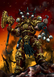 Rule 34 | 1boy, absurdres, adeptus astartes, armor, axe, bolter, chain, chaos space marine, full body, gauntlets, gorechild, helmet, highres, holding, holding axe, holding skull, kharn the betrayer, khorne (cult), khorne berserker, muscular, muscular male, pauldrons, shoulder armor, single gauntlet, skull, solo, standing, v32, warhammer 40k, weapon