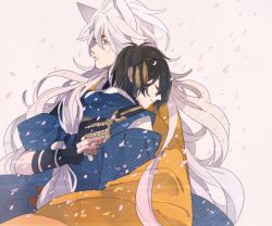 10s 2boys black_hair camelot closed_eyes fang hug japanese_clothes kogitsunemaru male_focus mikazuki_munechika multiple_boys petals smile touken_ranbu white_hair yaoi yellow_eyes