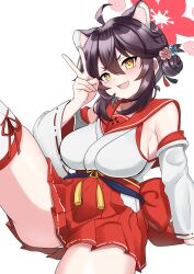 1girl :d absurdres animal_ears blue_archive breasts brown_hair commentary_request detached_sleeves extra_ears fang hair_between_eyes hair_bun hakama halo highres japanese_clothes kaede_(blue_archive) large_breasts leg_up looking_at_viewer open_mouth oppai_loli panties partial_commentary puroteinaa red_hakama red_halo red_sailor_collar sailor_collar short_hair sidelocks simple_background single_side_bun skin_fang sleeveless smile solo thighhighs thighs underwear v white_panties white_sleeves white_thighhighs wide_sleeves yellow_eyes