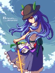 Rule 34 | 1girl, black hat, blue hair, blue skirt, blue sky, cloud, commentary, food, fruit, greenapple (g apple0511), hat, hinanawi tenshi, long hair, looking at viewer, mixed-language commentary, outdoors, peach, pixel art, rainbow order, red eyes, shirt, short sleeves, skirt, sky, solo, sword of hisou, touhou, white shirt