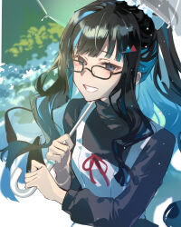 1girl black_hair blue_hair breasts colored_inner_hair dress eyeliner fate/grand_order fate_(series) glasses grey_eyes grin highres long_hair long_sleeves looking_at_viewer makeup multicolored_hair ponytail poppoman sidelocks small_breasts smile solo tenochtitlan_(fate) tenochtitlan_(over_the_same_sky)_(fate) umbrella