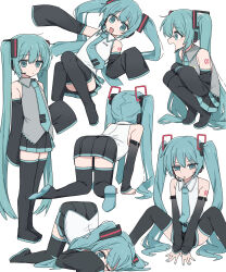 1girl absurdres all_fours black_boots black_skirt blue_eyes blue_hair blue_necktie boots channel_(caststation) collared_shirt commentary detached_sleeves duplicate grey_shirt hatsune_miku headphones highres kneeling long_hair looking_at_viewer lying microphone multiple_views necktie on_back open_mouth panties pantyshot pixel-perfect_duplicate pleated_skirt shirt sitting skirt sleeveless sleeveless_shirt sleeves_past_fingers sleeves_past_wrists smile squatting standing thigh_boots thighhighs twintails underwear upskirt very_long_hair vocaloid white_panties white_shirt