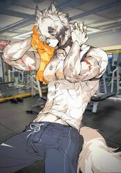 1boy abs animal_ears bara blue_pants closed_mouth colored_tips commentary dog_tags english_commentary eyepatch furry furry_male haru41113 highres jewelry male_focus multicolored_hair muscular muscular_male necklace pants pectorals photo_background red_eyes scar scar_on_arm shirt tail von_lycaon wet wet_clothes wet_shirt white_shirt wolf_boy wolf_ears wolf_tail zenless_zone_zero