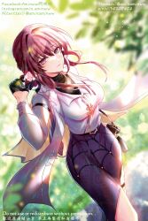 Rule 34 | 1girl, aminww amingming, bag, beads, black bag, black gloves, black shirt, blurry, blurry background, breasts, chinese commentary, commentary request, dutch angle, facebook username, gloves, half gloves, handbag, highres, honkai: star rail, honkai (series), instagram username, jacket, kafka (good me) (honkai: star rail), kafka (honkai: star rail), large breasts, official alternate costume, pixiv id, purple eyes, purple hair, purple skirt, shirt, skirt, smile, solo, spider web print, turtleneck, turtleneck shirt, twitter username, white jacket
