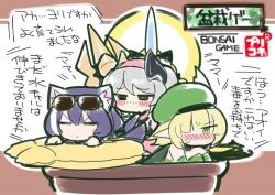 3girls aoi_(princess_connect!) beret black_hair blonde_hair blush blush_stickers bob_cut chibi chibi_only closed_eyes commentary_request demon_horns green_eyes green_hat grey_hair hairband hat horns ito_ryo karyl_(princess_connect!) karyl_(summer)_(princess_connect!) multicolored_hair multiple_girls nose_blush pink_hairband princess_connect! short_hair streaked_hair translation_request v-shaped_eyebrows white_hair yori_(princess_connect!)