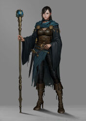 Rule 34 | 1girl, absurdres, armor, black hair, blue cape, blue eyes, breasts, brown hair, cape, cleavage, concept art, fantasy, grey background, highres, large breasts, leather armor, mage staff, magician, original, sword, weapon, wooywooy