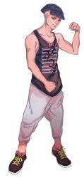 1boy baiyishaonian_huam black_hair blue_eyes casual earrings higashikata_joshu highres jewelry jojo_no_kimyou_na_bouken jojolion male_focus solo tank_top