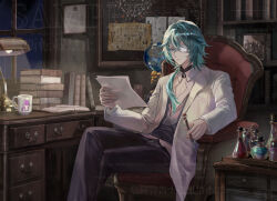 1boy anaxa_(honkai:_star_rail) black_pants book bookshelf cardigan coat coffee_mug commentary crossed_legs cup do_myzu dromas_(honkai:_star_rail) english_commentary eyepatch green_hair highres holding holding_paper holding_pen honkai:_star_rail honkai_(series) indoors lab_coat lamp long_hair male_focus medical_eyepatch mug on_chair pants paper pen pile_of_books sitting solo watermark white_coat