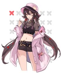 1girl alternate_costume belt black_nails black_shirt black_shorts brown_hair candy casual crop_top earrings fang fashion food genshin_impact ghost hair_ornament hairclip hat highres hu_tao_(genshin_impact) jacket jewelry lollipop long_hair looking_at_viewer midriff nail_polish navel off_shoulder open_clothes open_jacket pink_headwear pink_jacket red_eyes red_ribbon ribbon ring shirt short_shorts short_sleeves shorts simple_background star-shaped_pupils star_(symbol) stomach symbol-shaped_pupils top_hat twintails very_long_hair white_background wsman