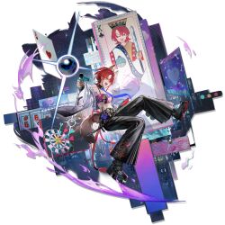 Rule 34 | 1girl, :3, ace (playing card), ace of hearts, animal ear piercing, animal ears, arknights, back ribbon, baggy pants, belt, belt boots, billboard, black belt, black boots, black collar, black nails, black pants, boots, card, chain, chain necklace, cityscape, coin purse, collar, crop top, crown, dart, dartboard, detached collar, dog ears, dog girl, dog tail, dynamic pose, ear piercing, earrings, fangs, full body, furisode sleeves, gun, halftone, haruka (arknights), heart, highres, hoirn, holding, holding gun, holding sword, holding weapon, jacket, jacket partially removed, jewelry, jumping, kichisei (arknights), king (playing card), king of clubs, looking at viewer, mole, mole under eye, nail polish, necklace, necktie, neon lights, night, octopus, official art, open clothes, open jacket, open mouth, orange eyes, pachinko ball, pants, piercing, platform boots, playing card, pouch, purple necktie, red hair, red rope, rope, shimenawa, short hair, slot machine, smile, solo, standing, star (symbol), sword, tail, tassel, tassel earrings, teeth, third-party source, traffic light, transparent background, unzipped, v-shaped eyebrows, weapon, white jacket, yellow fur