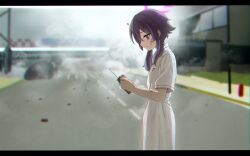 1girl ? absurdres alternate_costume batman_(series) blue_archive blurry blurry_background dc_comics dress from_side halo haruka_(blue_archive) highres holding_detonator mogurii nurse parody purple_eyes purple_hair purple_halo short_hair_with_long_locks solo solo_focus the_dark_knight white_dress
