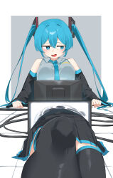 1girl absurdres black_skirt black_sleeves black_thighhighs blue_necktie blush breasts cable collared_shirt detached_sleeves hair_between_eyes hashtag-only_commentary hatsune_miku highres long_hair looking_to_the_side medium_breasts necktie nun178089 on_floor open_mouth shirt skirt sleeveless sleeveless_shirt solo thighhighs through_medium through_screen tile_floor tiles twintails vocaloid wing_collar